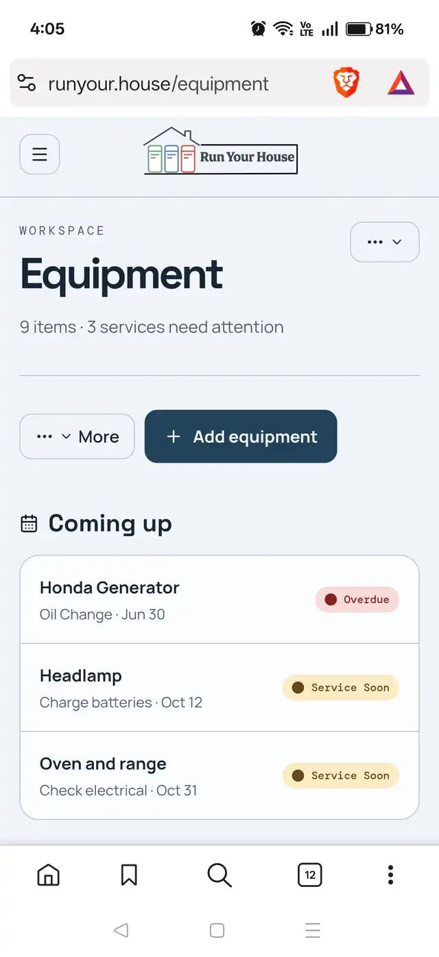 The Run Your House equipment maintenance tracker showing an item count, a services-needing-attention count, and a Coming up list with the Honda Generator's oil change marked Overdue.