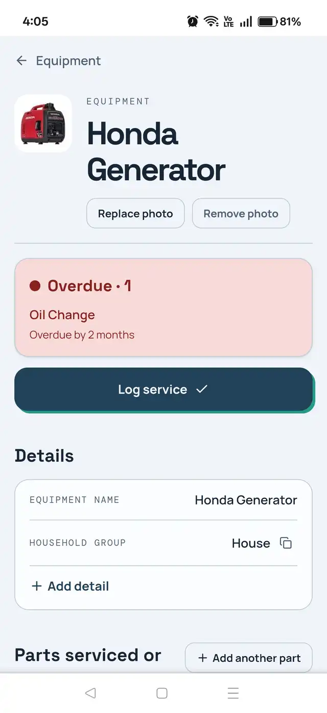 An equipment page for a Honda Generator showing a red Overdue status card reading Oil Change overdue by 2 months, a Log service button, and Details and Parts sections.