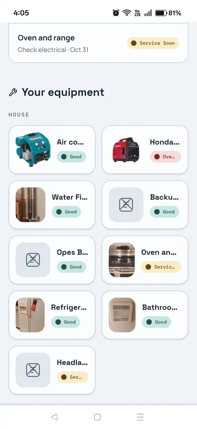 A grid of home equipment cards under a HOUSE group heading, each card showing a photo of the appliance and a Good, Service Soon or Overdue badge.