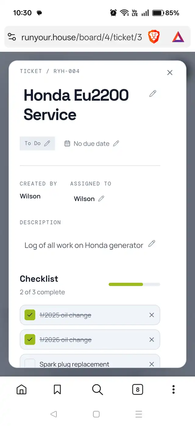 An open project card showing a dated comment thread recording each time the task was worked on.